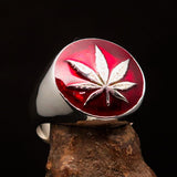 Sterling Silver Men's Ring Marihuana Cannabis Leaf in Red - BikeRing4u