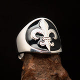 Excellent crafted Men's Black Fleur de Lis Seal Ring - Sterling Silver - BikeRing4u