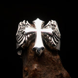 Excellent crafted antiqued Men's flying winged Cross Ring - Sterling Silver - BikeRing4u