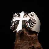 Excellent crafted antiqued Men's flying winged Cross Ring - Sterling Silver - BikeRing4u