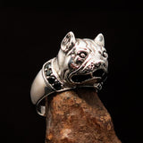 Excellent crafted Men's Animal Ring Pitbull red Garnet Collar - Sterling Silver - BikeRing4u