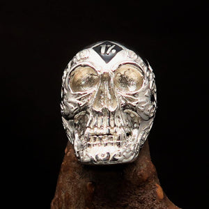 Excellent crafted Men's black 1% Runes Skull Outlaw Ring - Sterling Silver - BikeRing4u