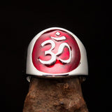 Excellent crafted Men's red Aum Buddhist Ring - Sterling Silver - BikeRing4u