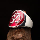 Excellent crafted Men's red Aum Buddhist Ring - Sterling Silver - BikeRing4u