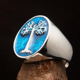 Excellent crafted Men's blue oval Tree of Life Ring - Sterling Silver - BikeRing4u