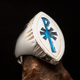 Ancient Men's Christian Monogram Cross Ring blue Chi Rho XP - Sterling Silver - BikeRing4u