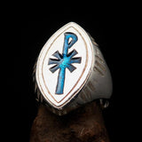 Ancient Men's Christian Monogram Cross Ring blue Chi Rho XP - Sterling Silver - BikeRing4u