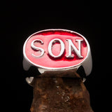 Perfectly crafted oval Initial Men's Ring red SON one word - Sterling Silver - BikeRing4u