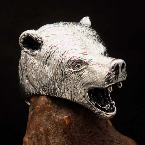 Perfectly crafted Men's roaring Grizzly Bear Ring - antiqued Sterling Silver - BikeRing4u