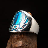 Excellent crafted Men's Claddagh Ring blue winged heart Star Moon - Sterling Silver - BikeRing4u