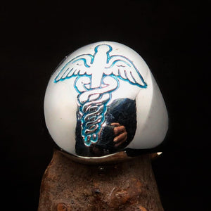 Excellent crafted Men's Blue Medical Doctor Seal Ring - Sterling Silver - BikeRing4u