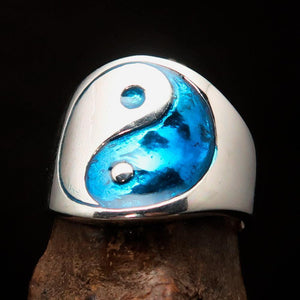 Excellent crafted Men's blue Yin Yang Ring - Sterling Silver - BikeRing4u