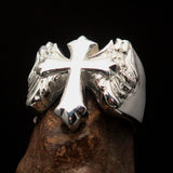 Excellent crafted shiny Men's flying winged Cross Ring - Sterling Silver - BikeRing4u