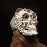 Excellent crafted Men's red 1% Runes Skull Outlaw Ring - Sterling Silver - BikeRing4u