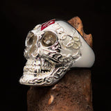 Excellent crafted Men's red 1% Runes Skull Outlaw Ring - Sterling Silver - BikeRing4u