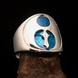 Excellent crafted ancient Men's blue Labrys double Axe Ring - Sterling Silver - BikeRing4u