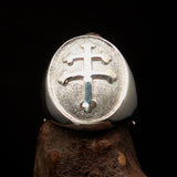 Excellent crafted oval domed Men's two tone Cross Lorraine Ring - Sterling Silver - BikeRing4u