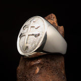 Excellent crafted oval domed Men's two tone Cross Lorraine Ring - Sterling Silver - BikeRing4u
