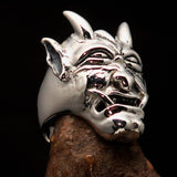 Excellent crafted Men's horned Devil Ring - Antiqued Sterling Silver - BikeRing4u