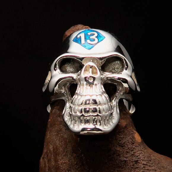 Excellent crafted Men's Biker Skull Ring Blue Diamond Lucky 13 - Sterling Silver - BikeRing4u