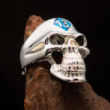 Excellent crafted Men's Biker Skull Ring Blue Diamond Lucky 13 - Sterling Silver - BikeRing4u