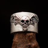 Excellent crafted two tone winged Bat Skull Ring - Matte Sterling Silver - BikeRing4u