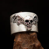 Excellent crafted two tone winged Bat Skull Ring - Matte Sterling Silver - BikeRing4u