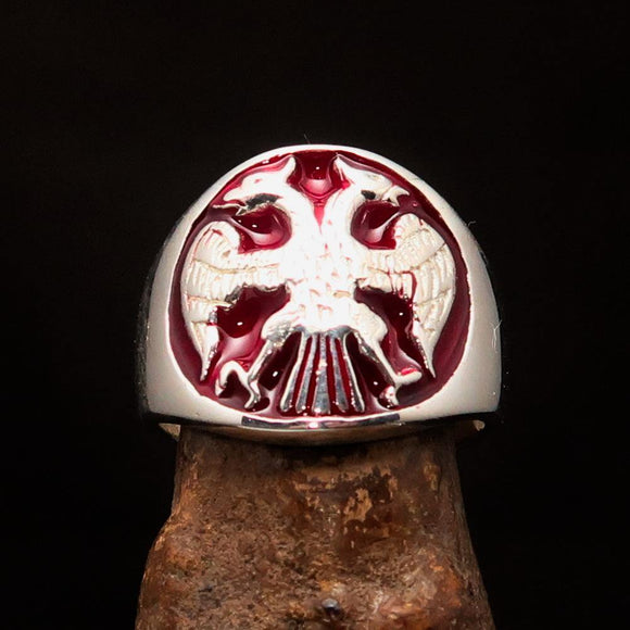 Excellent crafted ancient Men's Twin Head Eagle Ring Red - Sterling Silver - BikeRing4u