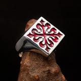 Excellent crafted Men's Red Fleur de Lis Cross Ring - Sterling Silver - BikeRing4u