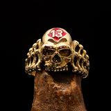 Excellent crafted Men's Skull and Bones Ring red Number 13 - Brass - BikeRing4u