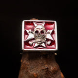 Excellent crafted Men's Pirate Skull Ring Red Maltese Cross - Sterling Silver - BikeRing4u