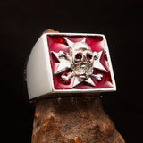 Excellent crafted Men's Pirate Skull Ring Red Maltese Cross - Sterling Silver - BikeRing4u