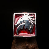 Excellent crafted Men's Chess Ring Horse Head Red - Sterling Silver - BikeRing4u