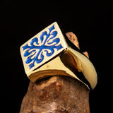 Excellent crafted Men's Royal Blue Fleur de Lis Cross Ring - solid Brass - BikeRing4u