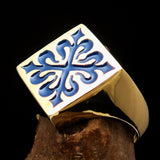 Excellent crafted Men's Royal Blue Fleur de Lis Cross Ring - solid Brass - BikeRing4u