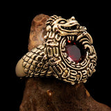 Excellent crafted Men's Brass Ring Ancient Maya Inca Dragon Red CZ - BikeRing4u