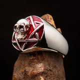 Excellent crafted domed red Men's Hexagram Skull Ring - Sterling Silver - BikeRing4u