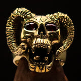 Excellent crafted Men's Brass Biker Ring Horned Ram Skull red CZ Eyes - BikeRing4u