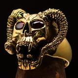 Excellent crafted Men's Brass Biker Ring Horned Ram Skull red CZ Eyes - BikeRing4u