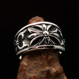 Nicely crafted domed Men's Fleur de Lis Ring Black - Sterling Silver - BikeRing4u