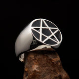 Perfectly crafted Men's Solid Line Pentagram Ring Black - Sterling Silver - BikeRing4u
