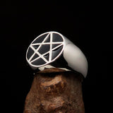 Perfectly crafted Men's Solid Line Pentagram Ring Black - Sterling Silver - BikeRing4u