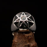 Nicely crafted domed Men's Heptagram Ring Black Heptagon - Sterling Silver - BikeRing4u