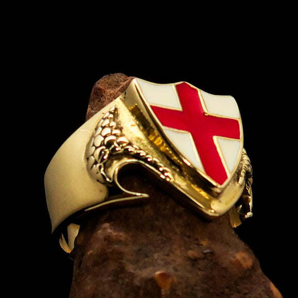 Men's Brass Shield Ring Flag of England Red Cross on White - BikeRing4u