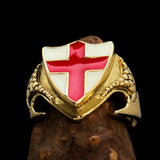 Men's Brass Shield Ring Flag of England Red Cross on White - BikeRing4u