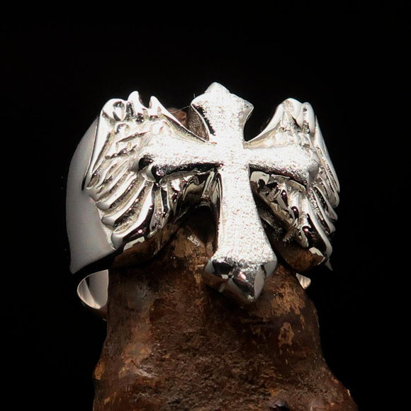 Excellent crafted two tone Men's flying winged Cross Ring - Sterling Silver - BikeRing4u