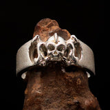 Excellent crafted Pony Tail Girly Skull Ring - matte Sterling Silver - BikeRing4u