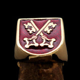 Perfectly crafted Men's Shield Ring Crossed Skeleton Keys Red - Solid Brass - BikeRing4u