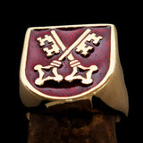 Perfectly crafted Men's Shield Ring Crossed Skeleton Keys Red - Solid Brass - BikeRing4u
