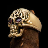 Excellent crafted Men's Brass Biker Ring flaming Skull on Fire Red CZ Eyes - BikeRing4u